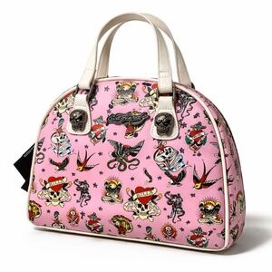 Ed Hardy Tattoo Print Pink Bowling Bag Skull Heart Dome Satchel Crossbody NWT